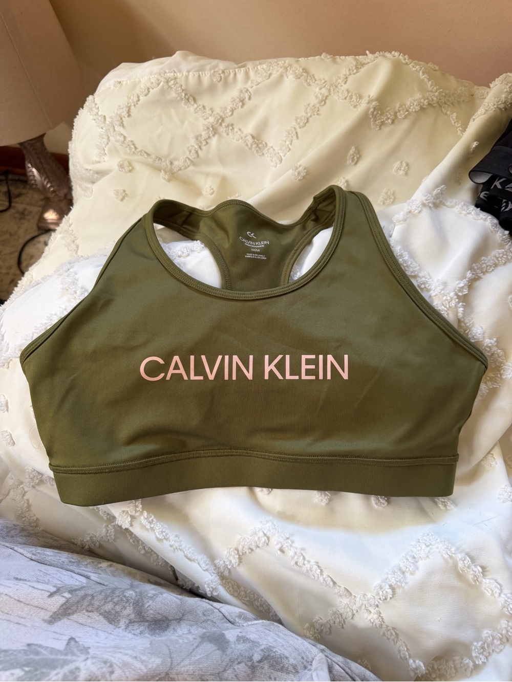 Calvin Klein Olive Green Sports Bralette with Pink Logo